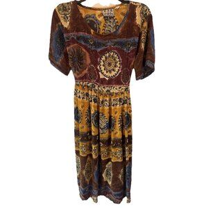 VTG 90s MPH Colorful Paisley Floral Beaded Short Sleeve Midi Dress L Festival
